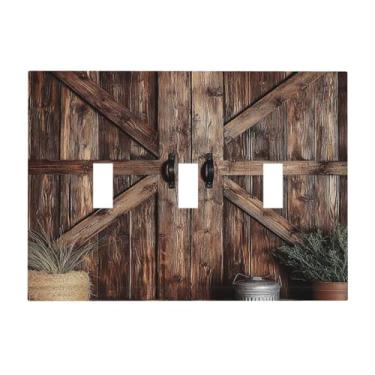 Imagem de VGHOKO Capa decorativa de placa de interruptor com porta de celeiro rústica design vintage de textura de madeira envelhecida placa de parede artística de 3 gangues capas de interruptor de luz tripla
