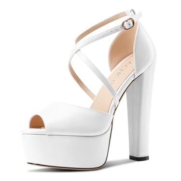 Imagem de Aachcol Sandálias femininas plataforma salto bloco grosso peep bico aberto salto alto alça cruzada casamento tornozelo sapato social 15 centímetros salto, Branco, 39