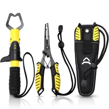 Imagem de RoundFunny Alicate de garra de lábio de peixe, kit de ferramentas de pesca combo de aço inoxidável removedor de anzol multifuncional e alicate de anel dividido com cordão de bainha para mosca