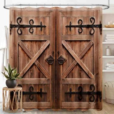 Imagem de TKUYO Cortina de chuveiro de porta de celeiro para banheiro, tábua de madeira marrom rústica, casa de campo, casa de campo, casa de campo ocidental, portão de garagem, tecido impermeável, conjunto de