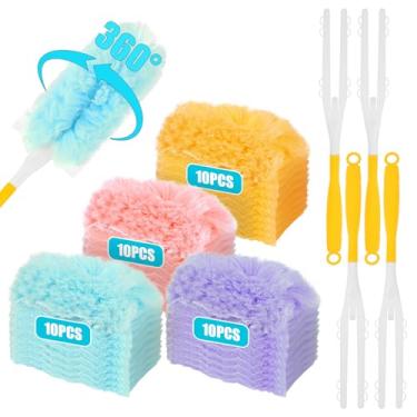 Imagem de 40 refis de espanador, espanador de penas multisuperfície 360° com 4 alças, kit de pó resistente, kit de espanadores descartáveis para casa, limpeza, escritório, persianas, teto (rosa, amarelo, azul