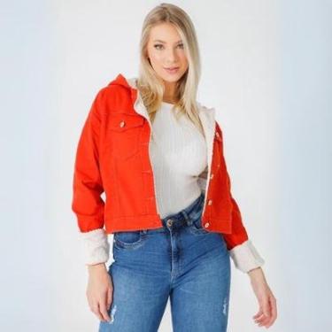 Imagem de Jaqueta Feminina Jeans Forrada Peluciado com Capuz (Não Desbota) Fecho em Botão Bolso Frontal-Feminino
