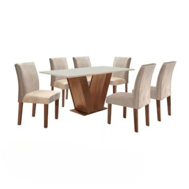 Imagem de Conjunto de mesa de jantar com tampo de vidro em cor chocolate/bege/camurça e seis cadeiras