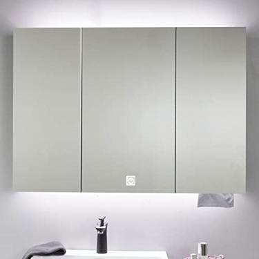 Imagem de SPXMQSS Armário de banheiro de LED, armários de banheiro com espelho luz ambiente sensível ao toque, interruptor com orifício de papel, armários de banheiro com luzes, unidades de armazenamento