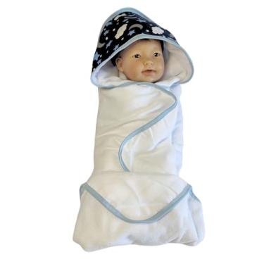 Imagem de Toalha de Banho para Bebê com Capuz, Azul Marinho e Branco, 100% Algodão, 70x70cm, Estampa Céu Estrelado, Forro Fralda