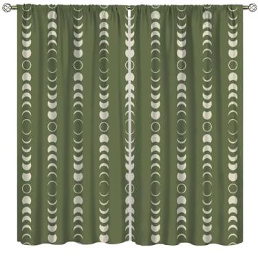 Imagem de Fblifil Boho Moon Phases Cortinas Verde Sálvia Isolamento Térmico Impresso Bolso de Haste Tratamentos de Janela para Quarto de Bebé Decoração de Sala de Estar 107 cm L X 114 cm C