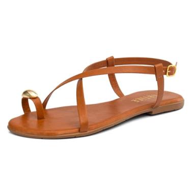 Imagem de Sandalia Feminina Flatform Rasteira Rasteirinha Flat Enfeite Anel Dedo Metal Lesma Brilho Metalizado (Caramelo, BR, Adulto, Numérico, 34)