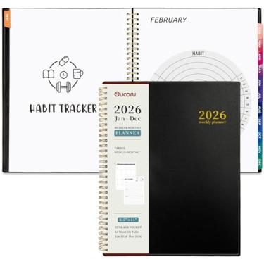 Imagem de Oucaru Agenda 2026, calendário de planejamento semanal e mensal, janeiro de 2026 a dezembro de 2026, 21,6 x 28 cm, encadernado em espiral, 12 rastreadores de hábitos e abas mensais, 2 bolsos de