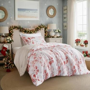 Imagem de Regency Heights Conjunto de edredom botânico leve, tamanho solteiro, design reversível com estampa listrada, conjunto de cama de microfibra premium, edredom e fronha, rosa