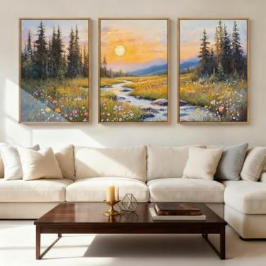 Imagem de IARTTOP Arte de parede de paisagem floral extragrande emoldurada 61 x 91 cm, conjunto de 3 telas vintage de fazenda, montanha, decoração de parede, natureza, flores silvestres, arte botânica para sala