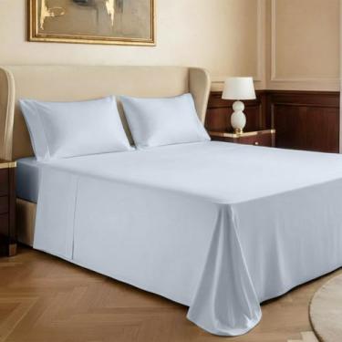 Imagem de Mayfair Linen Jogo de cama King Size 100% algodão egípcio – Jogo de cama king size luxuoso de algodão egípcio série 2000 (4 peças, azul claro), macio e refrescante, tecido de cetim 43,2 cm com bolso