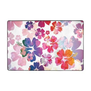 Imagem de ZERAOKE Tapetes havaianos com estampa de flores para sala de estar de 1,2 x 1,8 m, tapete macio e moderno, tapetes felpudos antiderrapantes para decoração de casa, tapete lavável para quarto, jantar,