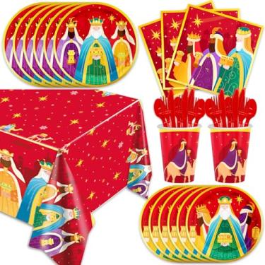 Imagem de Artigos de festa para três reis, utensílios de mesa para festa do Dia dos Três Reis, incluindo pratos de jantar, prato de sobremesa, alfinetes, garfos e toalha de mesa de copo para artigos de festa de