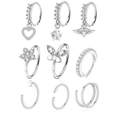 Imagem de Niaspi 9 peças de anel de nariz de strass para mulheres 20G aço inoxidável CZ cristal coração estrela pingentes argolas de nariz brincos cartilagem septo nariz piercing joias (prata)