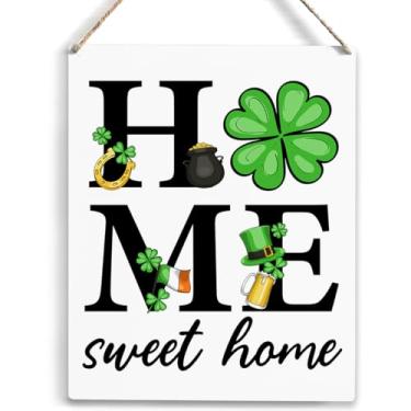 Imagem de YCYD Placa de madeira de parede do dia de São Patrício, placa de madeira para pendurar arte de parede Sweet Home, placa suspensa para decoração de varanda de fazenda para feriados, porta da frente