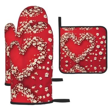 Imagem de Conjunto de cozinha essencial de 3 peças com estampa de flor de coração, luvas e alça de tampa, proteção para churrasco no forno, design de armazenamento suspenso.