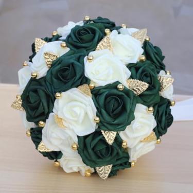 Imagem de LMMWBM Buquê de casamento feito à mão para damas de honor de noiva artificial PE ramo de flores redondas rosas falsas para chá de noiva (marfim e verde esmeralda, 23 cm)