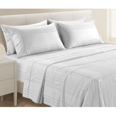 Imagem de Casa Platino Conjunto de lençóis 100% algodão tamanho casal - 6 peças (1 lençol liso, 1 elástico, 4 fronhas) - Listrado 500 fios - Lençóis de cama de cetim ultra suave com bolsos profundos de 38 cm