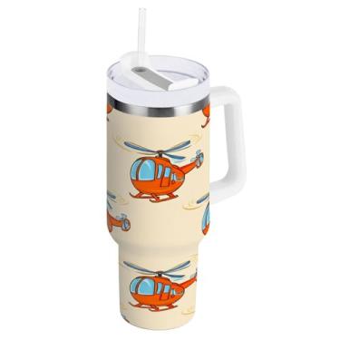 Imagem de Kigai Copo de 850 g com alça, lindos copos isolados de helicóptero com tampa e canudo, garrafa de água esportiva de metal grande, caneca de café de viagem de aço inoxidável