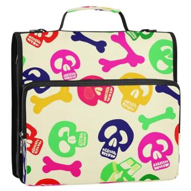 Imagem de Wassud Fichário colorido com caveiras de desenho animado com zíper com 3 anéis com alça de ombro e alça de vários bolsos, organizador de pastas de arquivos expansíveis