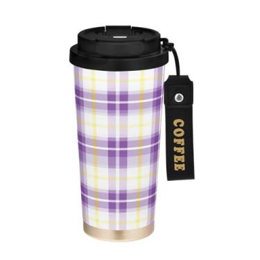 Imagem de YETTASBIN Caneca de café Buffalo Plaid com isolamento térmico de 482 g com tampa canudo, copo à prova de derramamento e vazamento com alça para bebida quente e fria, garrafa de água de aço inoxidável