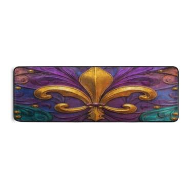 Imagem de Burbuja Tapete Mardi Gras Fleur-de-lis Runner 61 x 183 cm, tapete lavável antiderrapante com suporte de borracha, tapete para sala de estar, corredor, decoração de casa