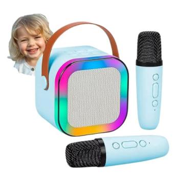 Imagem de Kirk Mini Karaokê Infantil Portátil com 2 Microfones Sem Fio | Caixa de Som Bluetooth Compacta, Luzes LED RGB, Voz Mágica | Brinquedo Musical para Presente e Festas (Azul)