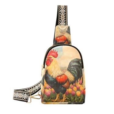 Imagem de CEBUGI Rooster Tulip pequena bolsa tiracolo de couro para mulheres, pochete transversal para trilhas, viagens ao ar livre