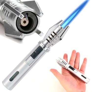 Imagem de Mini isqueiro com janela de combustível – Chama a jato de butano recarregável de 12,7 cm, isqueiro de bolso à prova de vento para acampamento, caminhada e uso doméstico (prata)