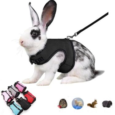 Imagem de Peitoral de coelho com coleira à prova de fuga, colete de malha macia com fivela ajustável para furão, porquinho-da-índia, hamster, caminhar, animais pequenos, rato, preto, G