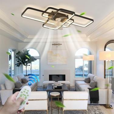 Imagem de Luminária de teto com ventilador, silencioso, branco, com aplicativo de iluminação e controle remoto, LED dimerizável de 120W para sala de estar, quarto e sala de jantar, 6 velocidades, time