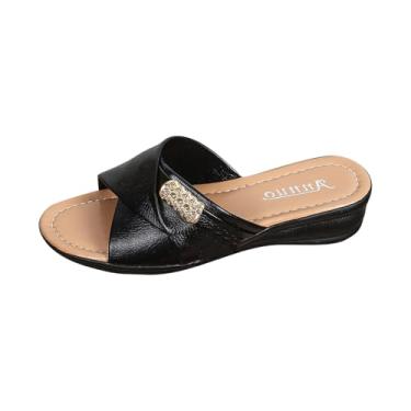 Imagem de Chinelo feminino aberto plataforma grossa plataforma deslizante casual primavera praia exterior interior chinelos sem cadarço, Preto, 34