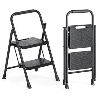 Imagem de Urackify Escada de 2 degraus, escada dobrável portátil para vários propósitos, casa, cozinha, banco de degrau de aço resistente com corrimão, pedais largos antiderrapantes, design de trava segura