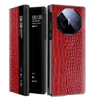 Imagem de LTLMYDAM Capa de couro genuíno para Huawei Mate XT, Smart View Flip Crocodile Texture Case Luxury Magnetic Closure Full Wrap, Vermelho, XT