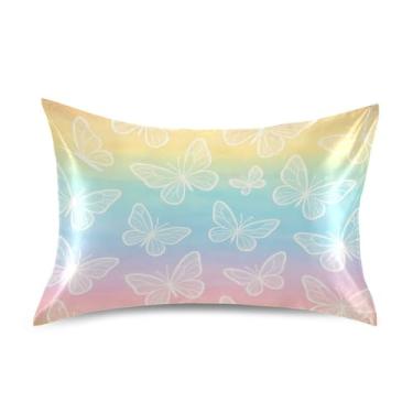 Imagem de Fronhas de cetim com listras arco-íris pastel borboleta branca estampa floral refrescante King Queen fronha padrão decoração de casa tamanho padrão 66.0 cm x 50.8 cm