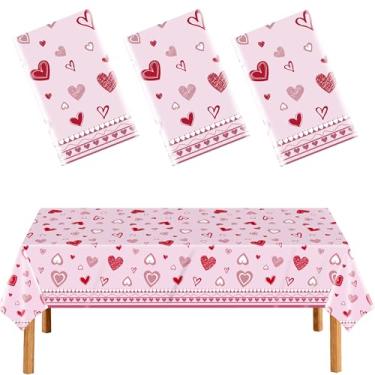 Imagem de DUYIY 3 peças de toalha de mesa com estampa de coração rosa, capa de mesa para dia dos namorados, para decoração de casa, cozinha, jantar, festa, celebração, 137 x 274 cm