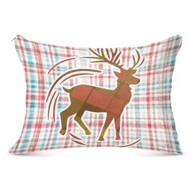 Imagem de Fronha decorativa xadrez estampa de veado arte desenho animado poliéster fronha king queen padrão capa de travesseiro engraçado macio para cama, tamanho king, 50,8 cm x 101,6 cm
