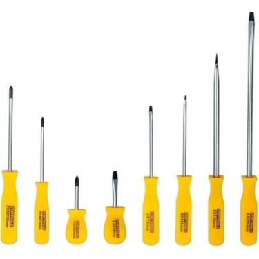 Imagem de Jogo de 8 Chaves de Fenda e Phillips, Cabo Plástico Amarelo, Aço Cr-V, 4mm a 8mm, 38mm a 200mm, Magnético