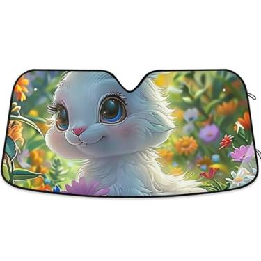 Imagem de Persiana de sol floral de coelho branco fofo personalizado para para-brisas de carro de caminhão dobrável universal para protetor de janela frontal M, 139,7 cm x 70,1 cm
