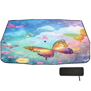 Imagem de Borboletas Flores Coloridas Retrátil Para-brisas Sombra para Carro Proteção de Isolamento Térmico Persianas de Janela Carro 147 x 75 cm Guarda-chuva de Carro