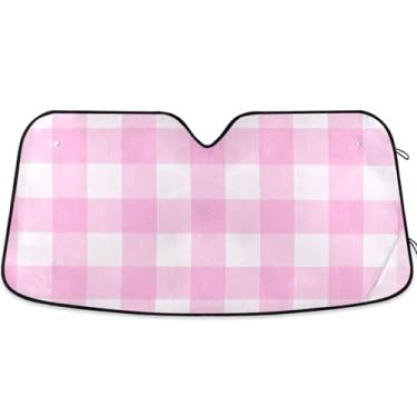 Imagem de Guarda-sol xadrez rosa fofo personalizado para para-brisa de carro bonito universal dobrável caminhão carro janela persianas para-brisa frontal M, 139,7 cm x 70,1 cm