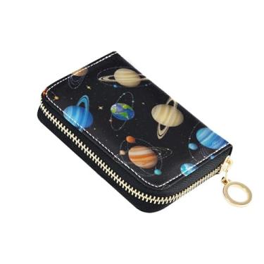 Imagem de Carteira com porta-cartões com bloqueio de RFID, carteira feminina de couro, para viagem, dinheiro, com bolso para moedas, desenho animado de planetas coloridos