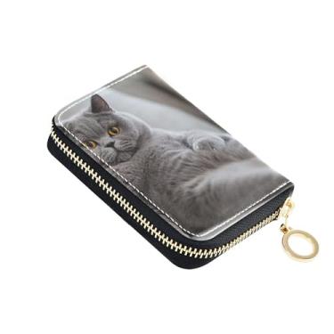 Imagem de Carteira feminina pequena, porta-cartão de crédito, bloqueio de RFID, bolsa de moedas com zíper engraçado desenho animado gato gatinho cinza