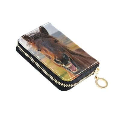 Imagem de Carteira feminina de couro com bloqueio de RFID, porta-cartões de crédito, zíper ao redor de moedas, carteira com zíper, cavalo engraçado rindo