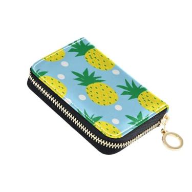 Imagem de Carteira feminina com zíper e bloqueio de RFID, carteira de cartão de crédito, linda bolsa de couro com zíper com chaveiro, abacaxi amarelo, azul claro