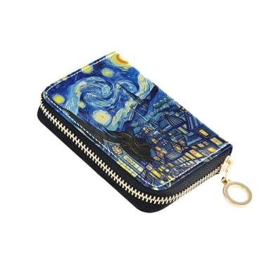 Imagem de Carteira feminina feminina de couro com porta-cartões com bloqueio de RFID, castelo de noite estrelada, colorida, carteira de viagem com zíper