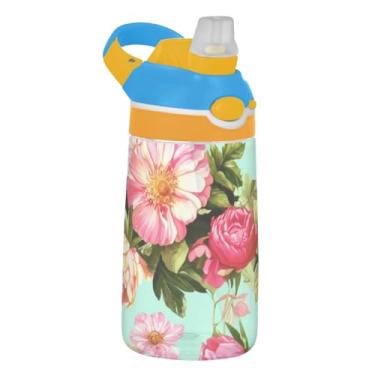Imagem de Garrafa de água verde vintage flores rosa infantil com canudo 473 ml Tritan 473 ml garrafa de água de plástico à prova de vazamento, copo infantil portátil, reutilizável, alça de transporte