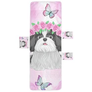 Imagem de Lindos cães de desenho animado borboletas rosas capa de espreguiçadeira toalhas de cadeira de praia piscina toalha de cadeira com bolsos espreguiçadeira de piscina 85 x 76 centímetros