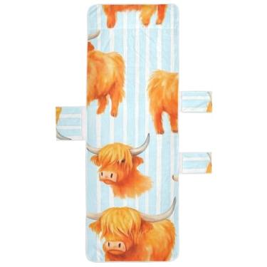 Imagem de Highland Cows Capa de cadeira de espreguiçadeira com listras brancas azuis e brancas capas de cadeira de piscina para espreguiçadeiras fofas 215 x 76 cm