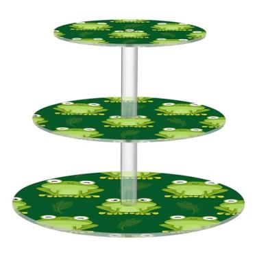 Imagem de Sapos de desenho fofo verde sorriso 3 camadas suporte para cupcake chá festa acrílico copo bolo torre decoração festa chá bandeja de servir suporte de comida aniversário casamento sanduíche